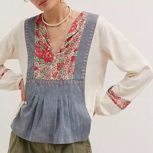 Tiny Floral Chambray Peasant Top